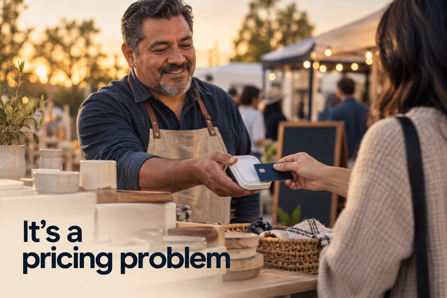 Illustration: A point-of-sale moment at a live event (hands, card reader, human interaction). Overlaid text reads "It's a pricing problem".