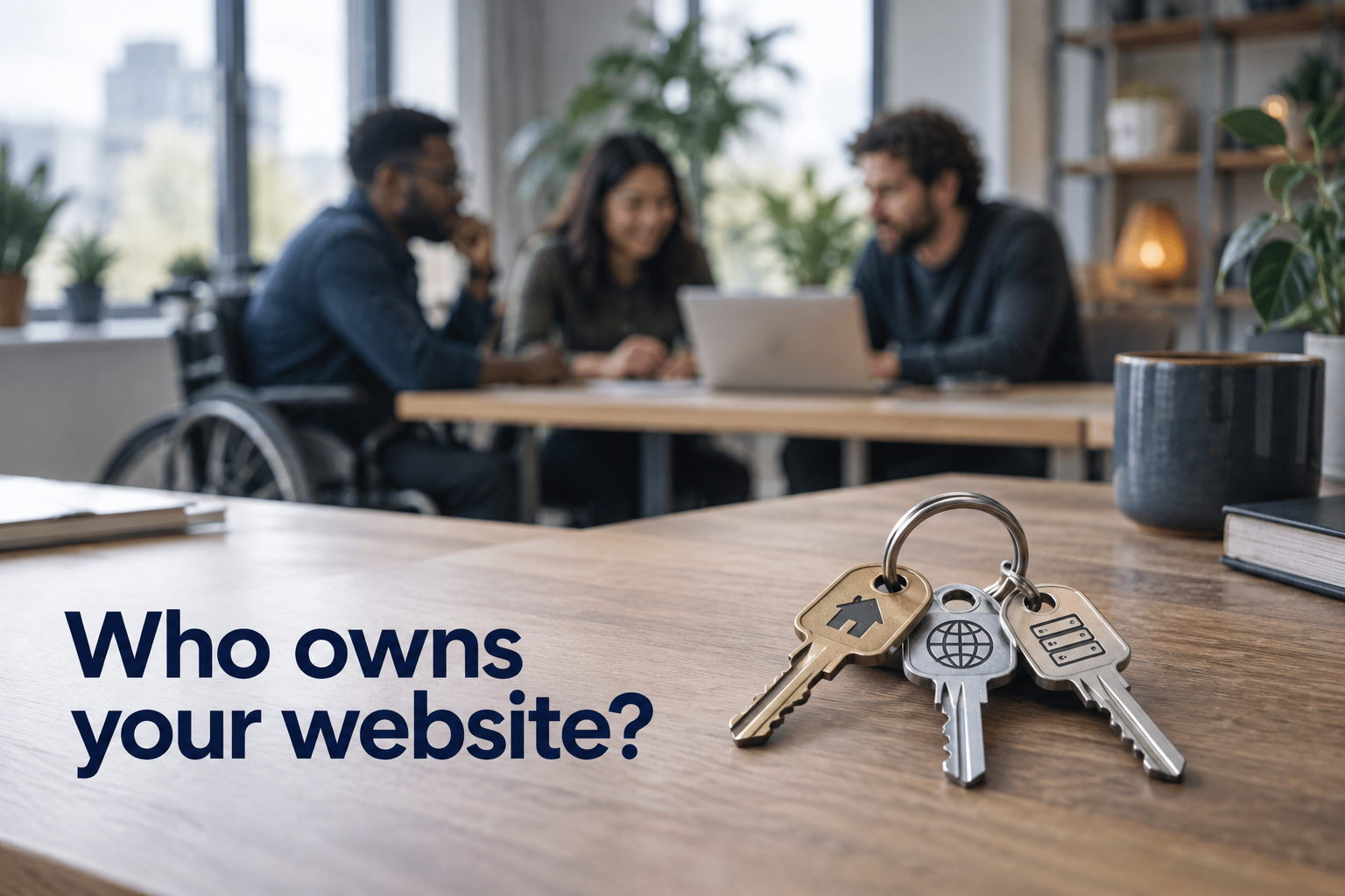 Illustration: Three keys on one ring (domain, DNS, hosting). Overlaid text reads "Who owns your website?".