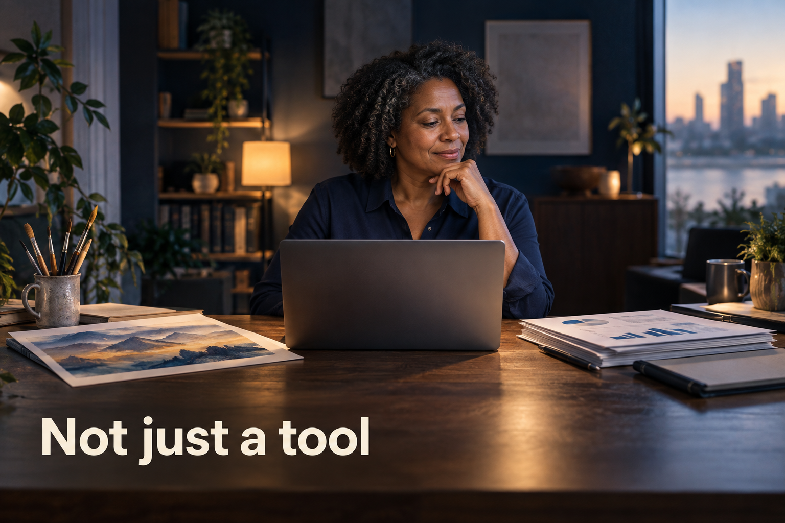 Illustration: One tool producing two different outcomes for two different people/contexts. Overlaid text reads "Not just a tool".