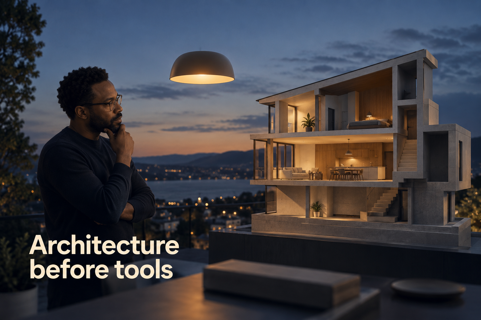 Illustration: A light fixture floating unwired beside a building's full architectural cross-section. Overlaid text reads "Architecture before tools".