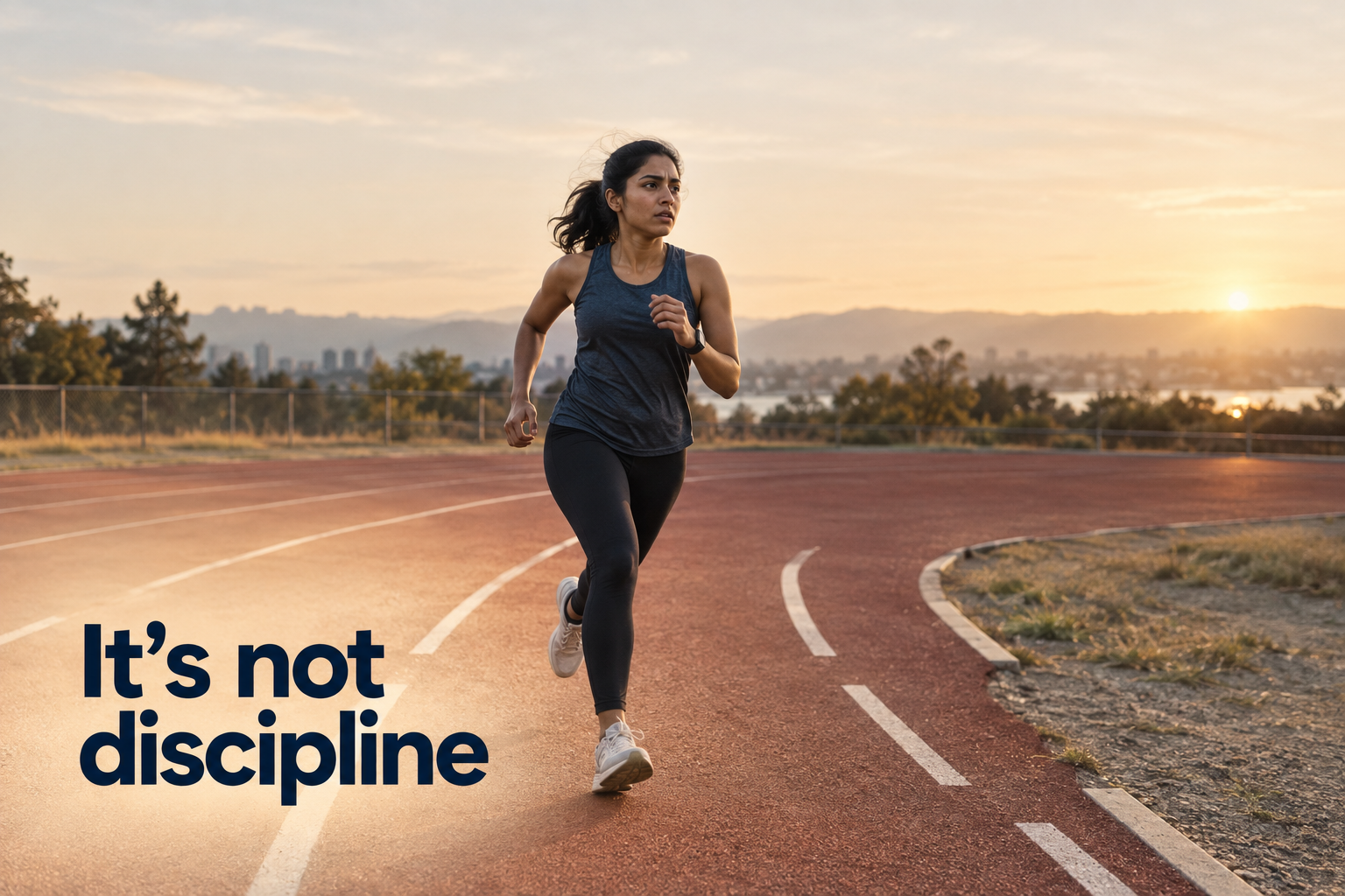 Illustration: A runner on a track where the lane markings simply end mid-curve, mid-stride. Overlaid text reads "It's not discipline".