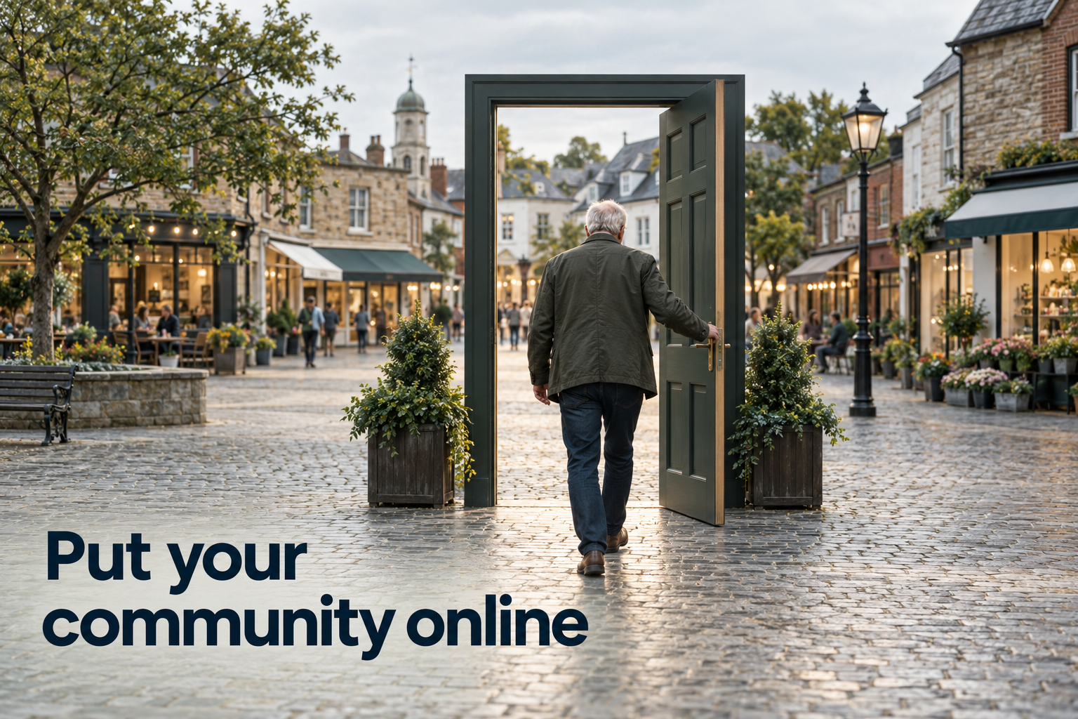 Illustration: A town square rendered as a searchable interface, every storefront reachable from one doorway. Overlaid text reads "Put your community online".