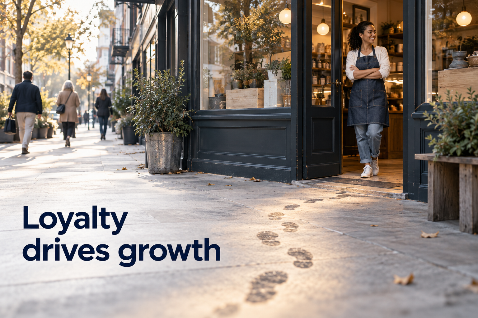 Illustration: A small shop's door with a well-worn, glowing return path leading back to it. Overlaid text reads "Loyalty drives growth".
