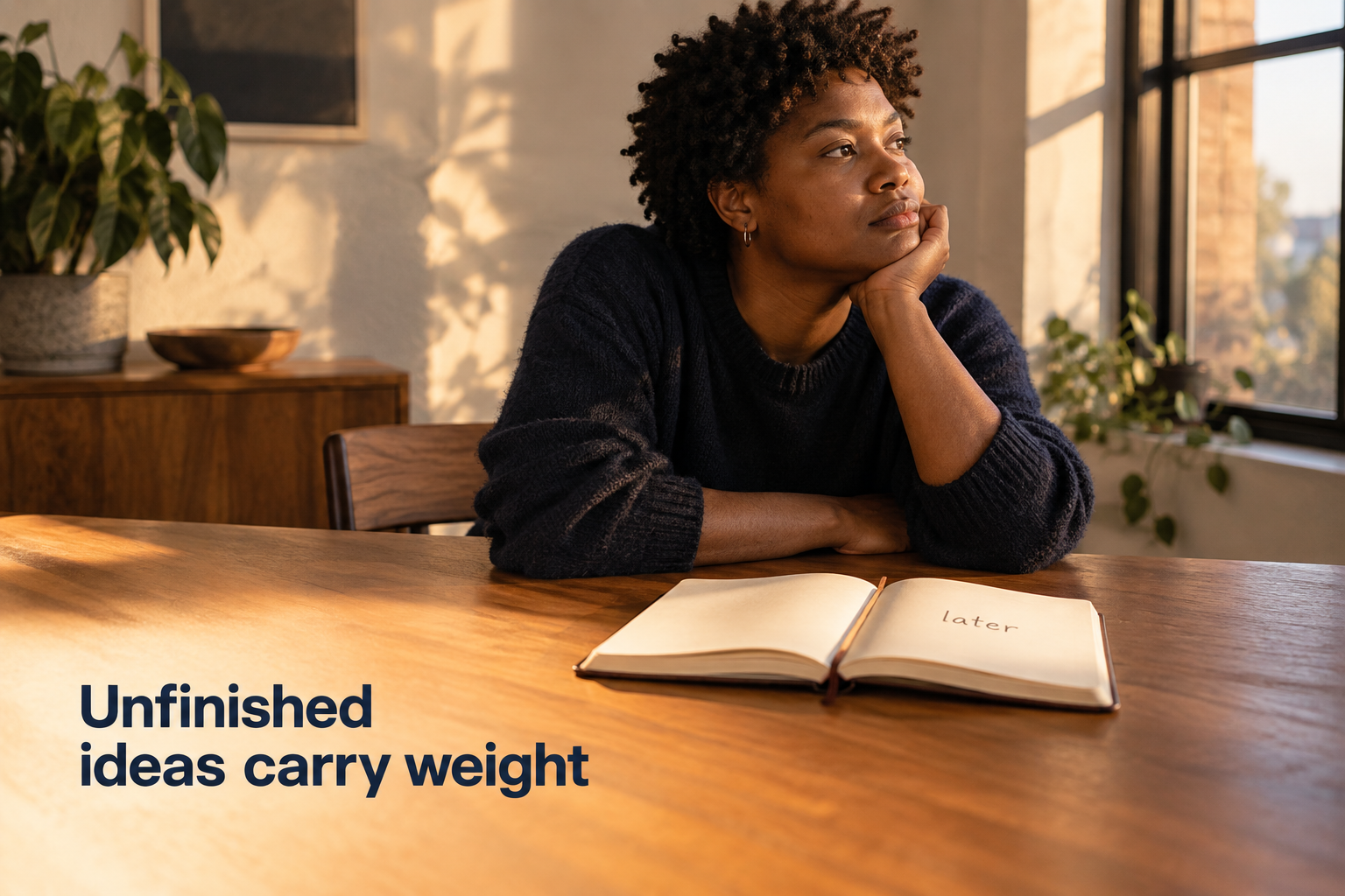 Illustration: A worktable with one open notebook labeled simply 'later', everything else clear. Overlaid text reads "Unfinished ideas carry weight".