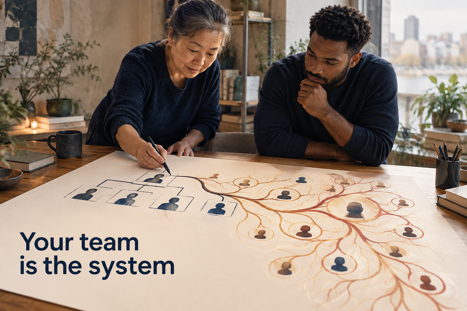 Illustration: An org chart dissolving into a living circulatory system. Overlaid text reads "Your team is the system".